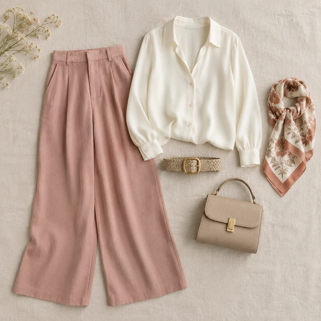 Flat lay of rose wide-leg trousers, an ivory blouse, a belt, a printed scarf and a small bag on linen