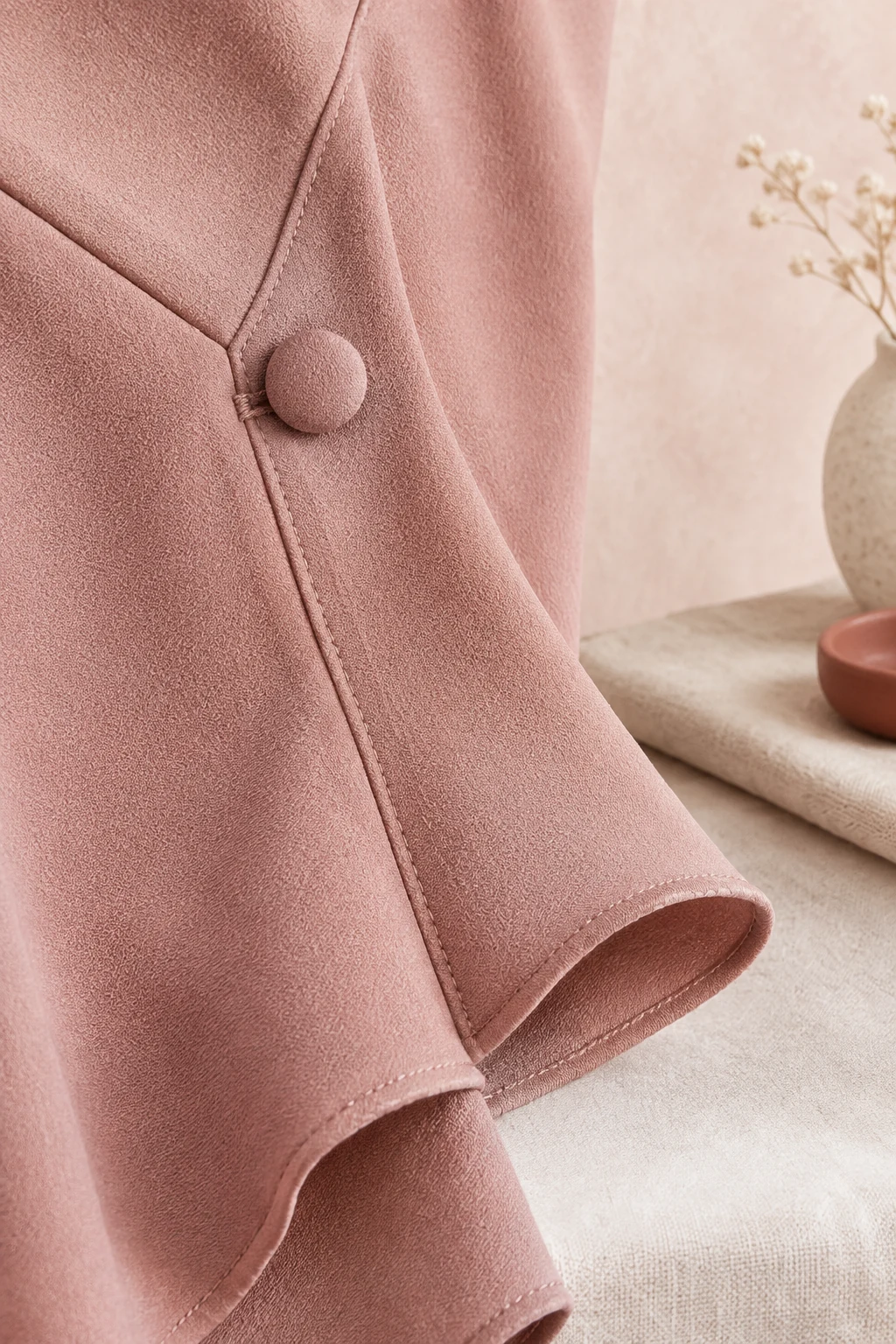 Close-up of a French seam, covered button and rolled hem on rose crepe