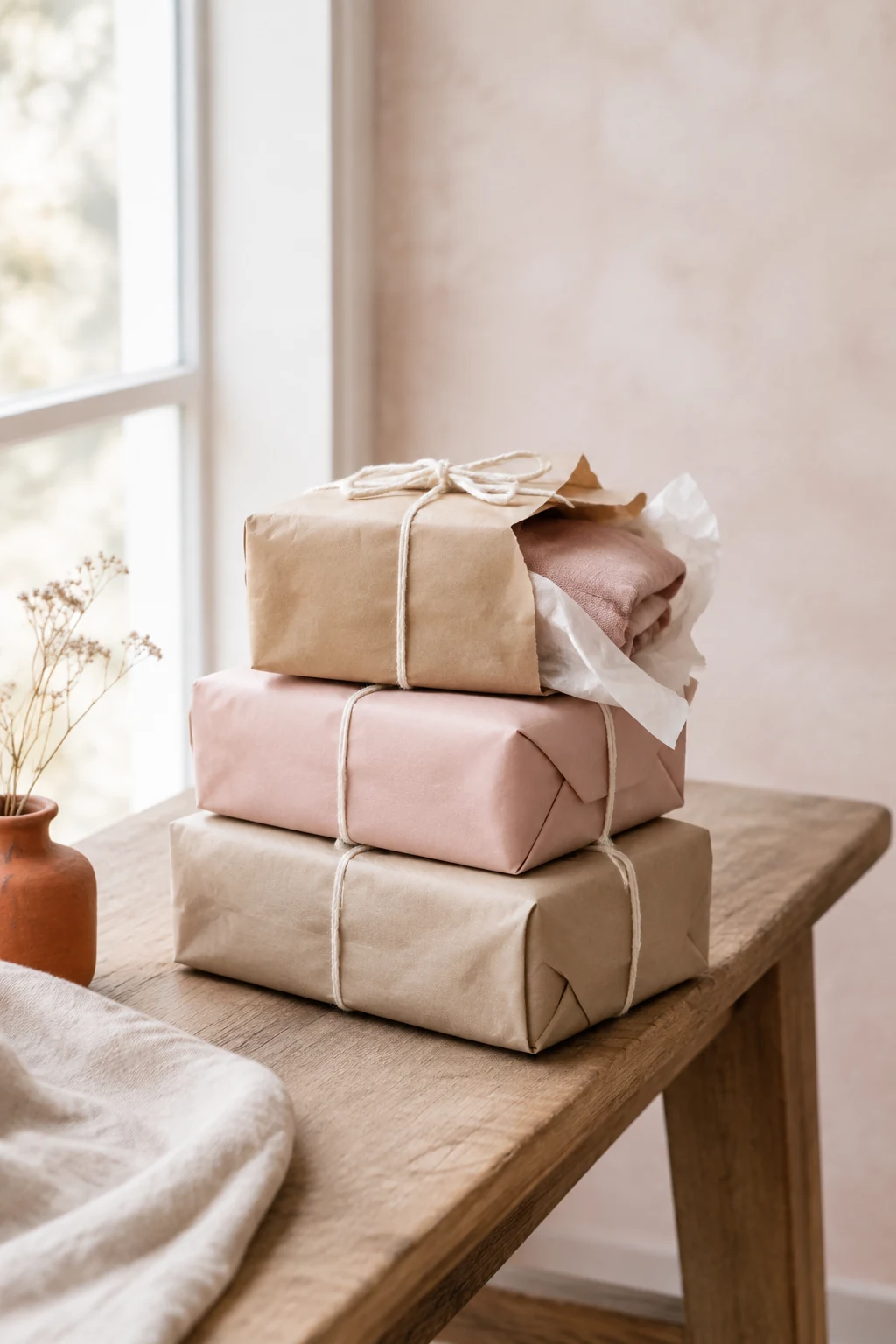Parcels wrapped in kraft and blush paper tied with string on a bench