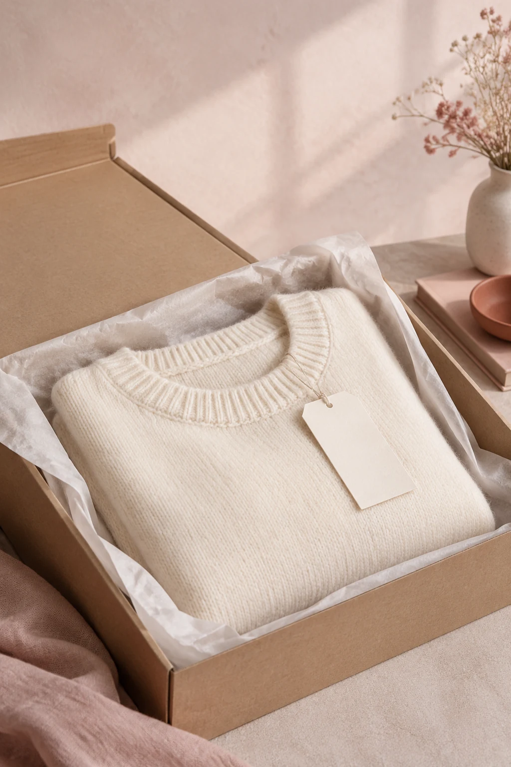 Unworn ivory jumper folded back into tissue inside an open box with its tag attached