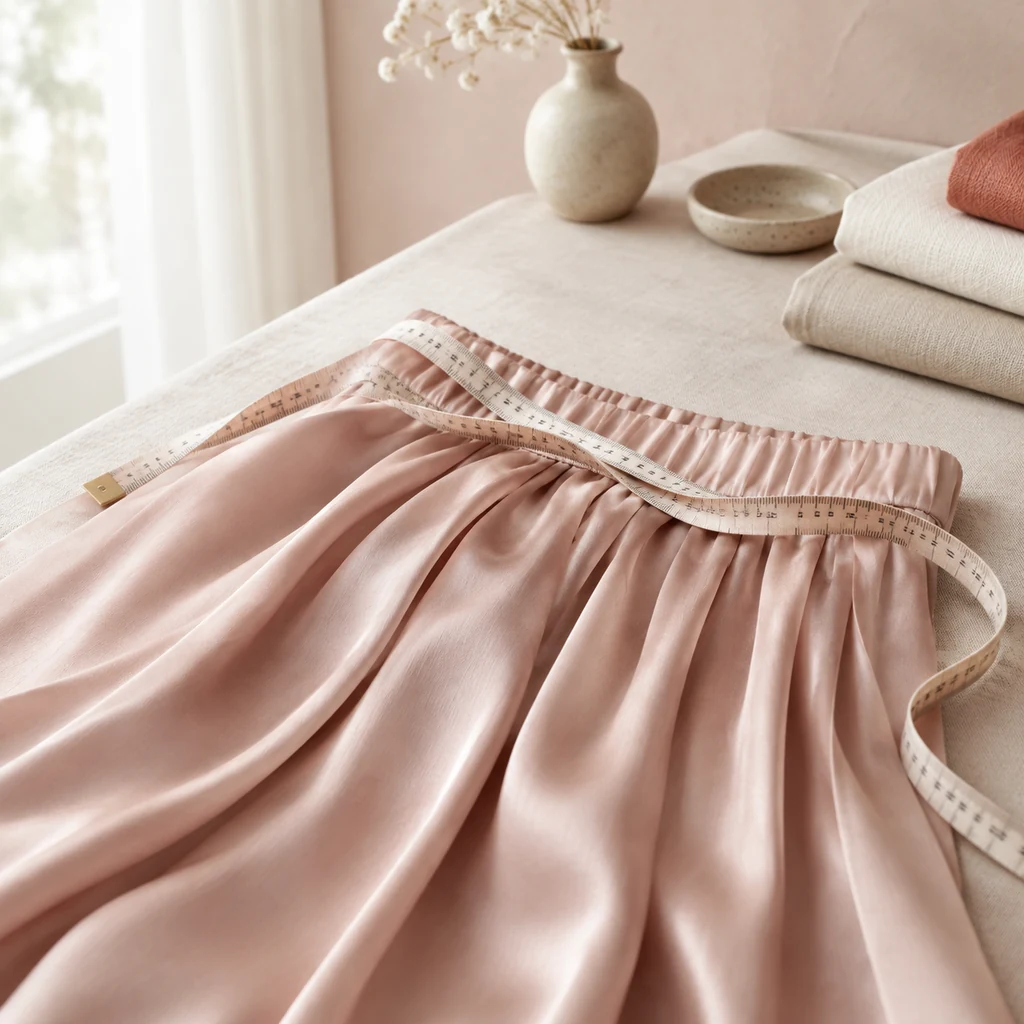 Tape measure laid across the waistband and pleats of a blush satin skirt