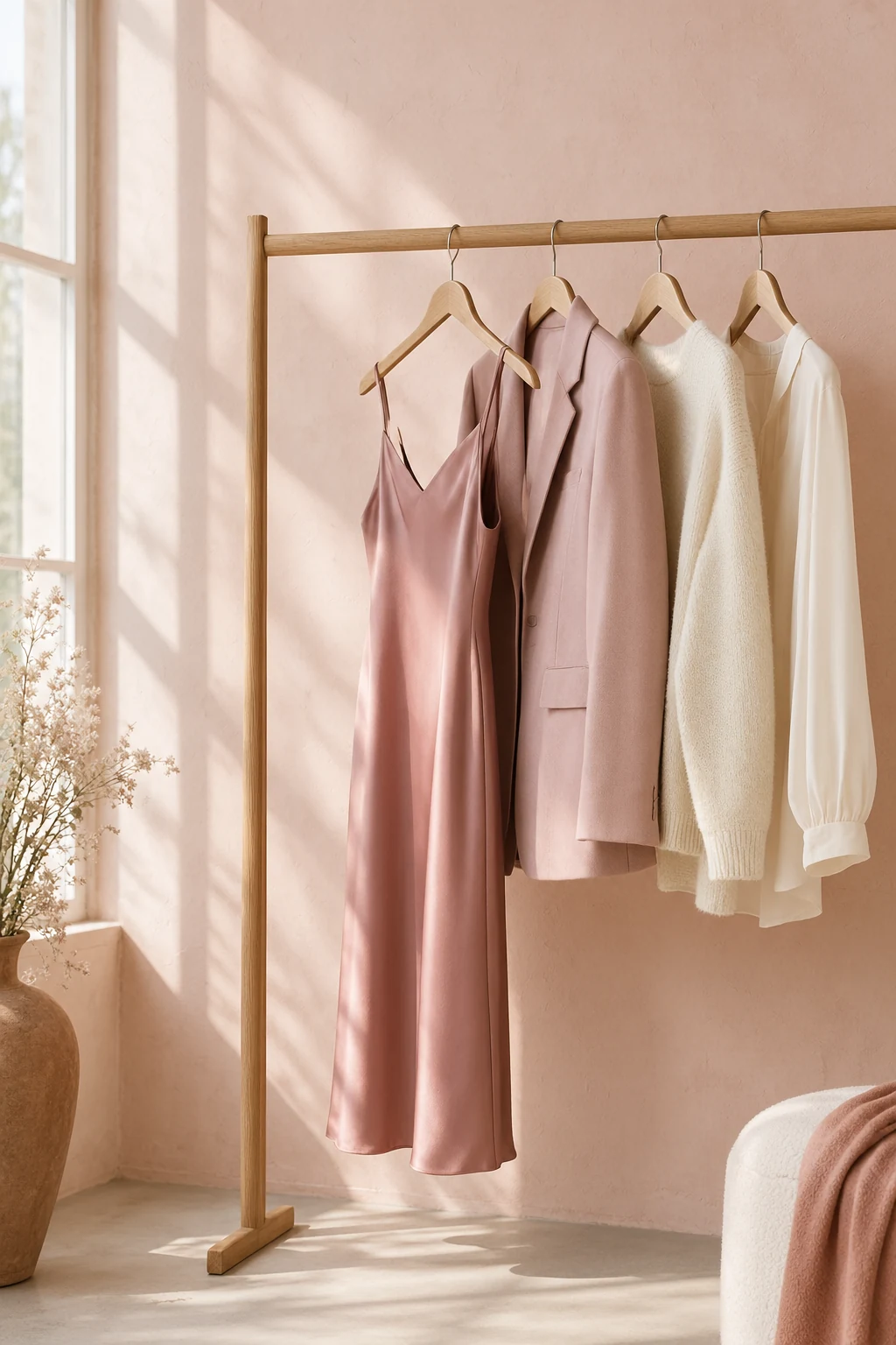 Dusty rose and ivory dresses, a blazer and a knit on wooden hangers on a clothes rail by a window