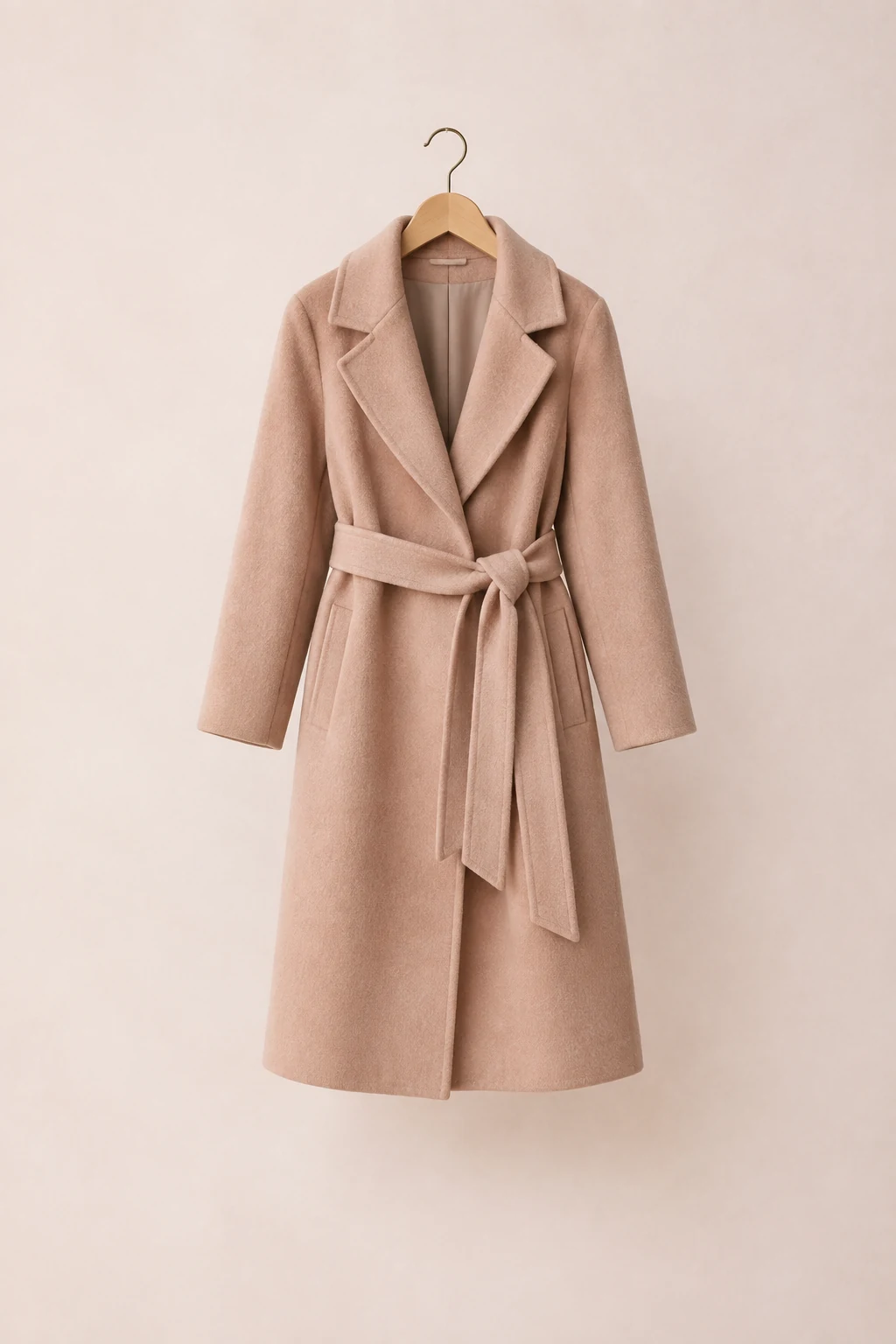 Camel blush single-breasted wool-blend coat with a tie belt on a wide hanger