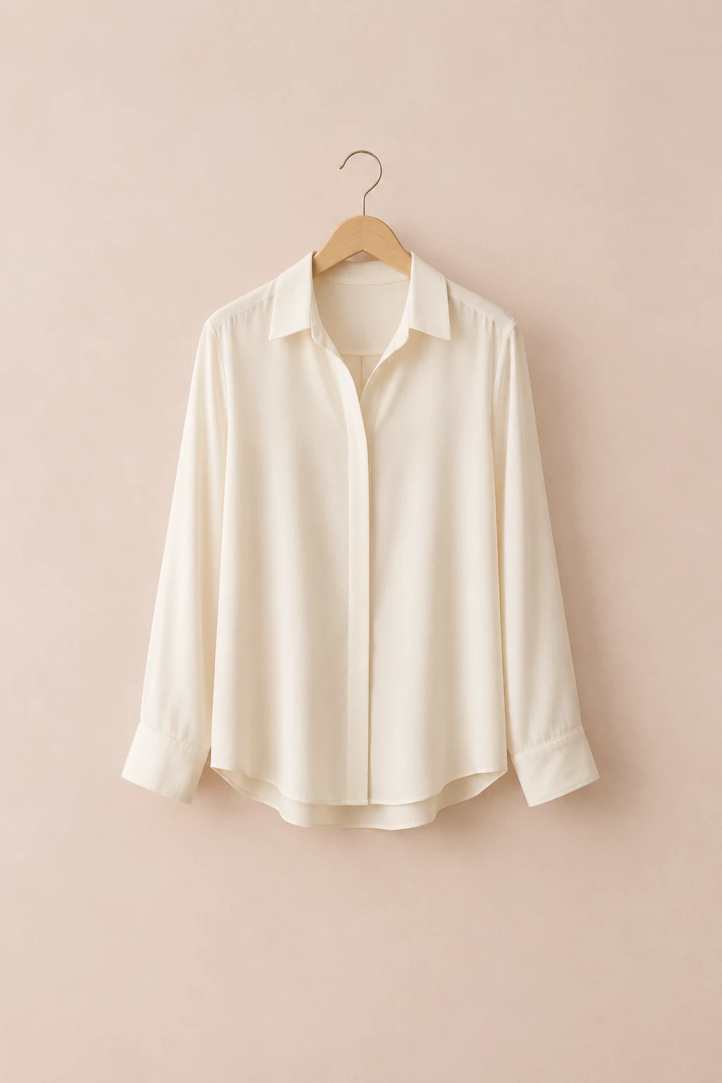 Ivory crepe blouse with a soft collar on a wooden hanger