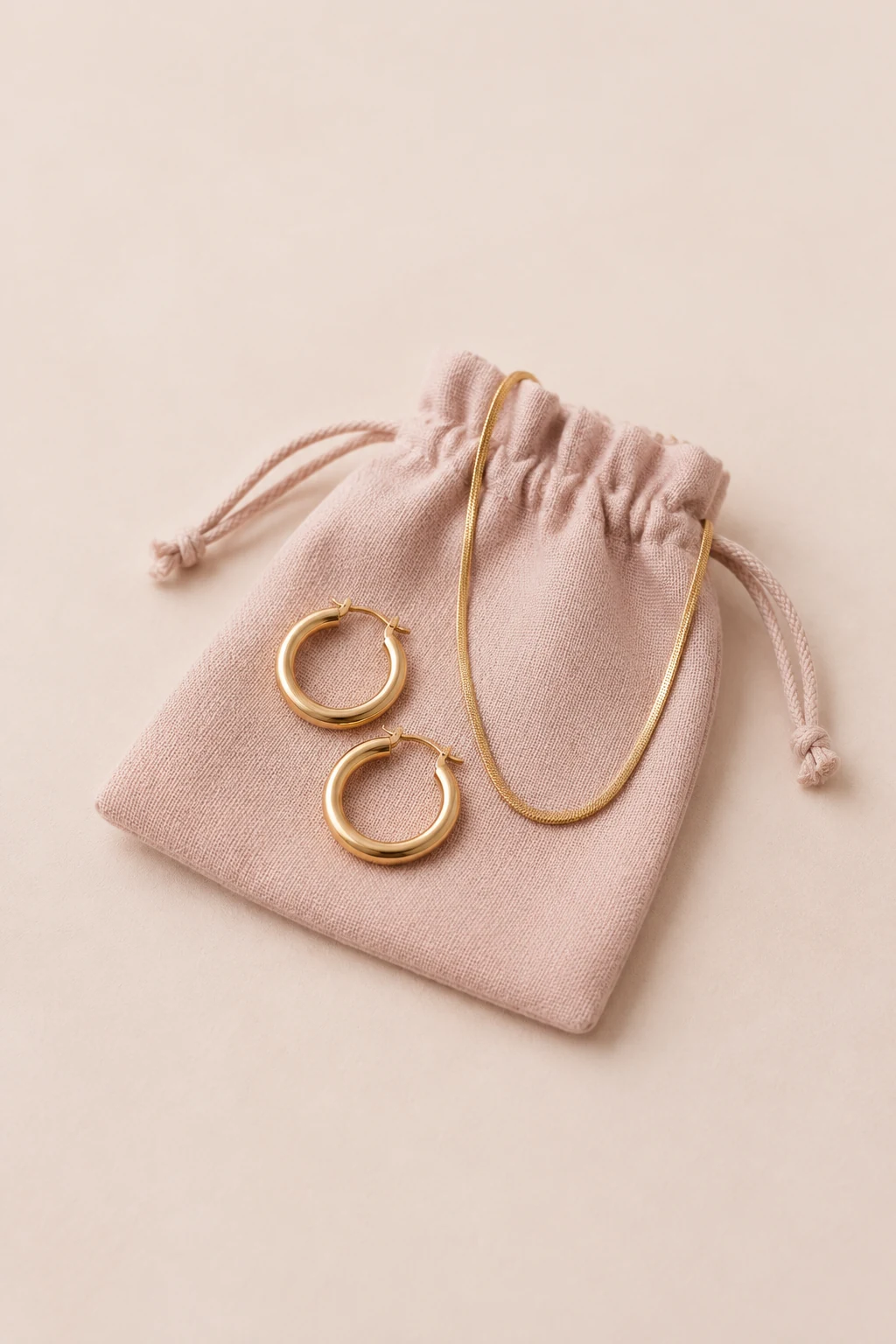Gold-tone hoop earrings and a fine snake chain on a blush linen pouch