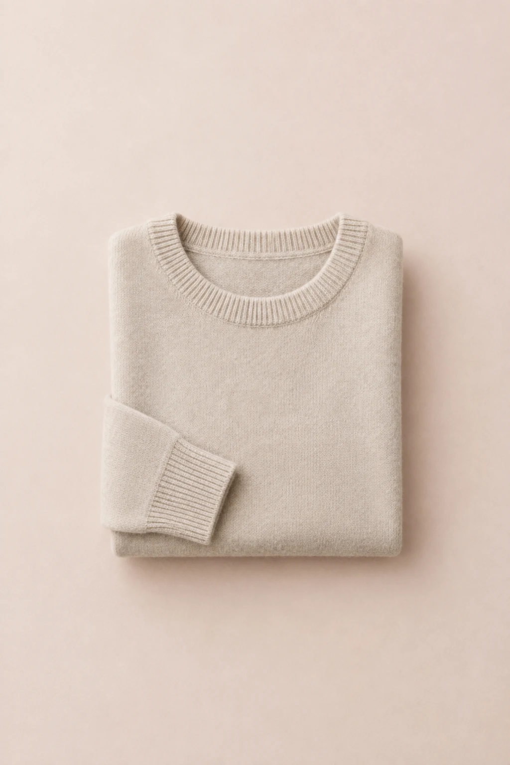 Folded oatmeal fine-knit crew neck jumper with ribbed cuffs
