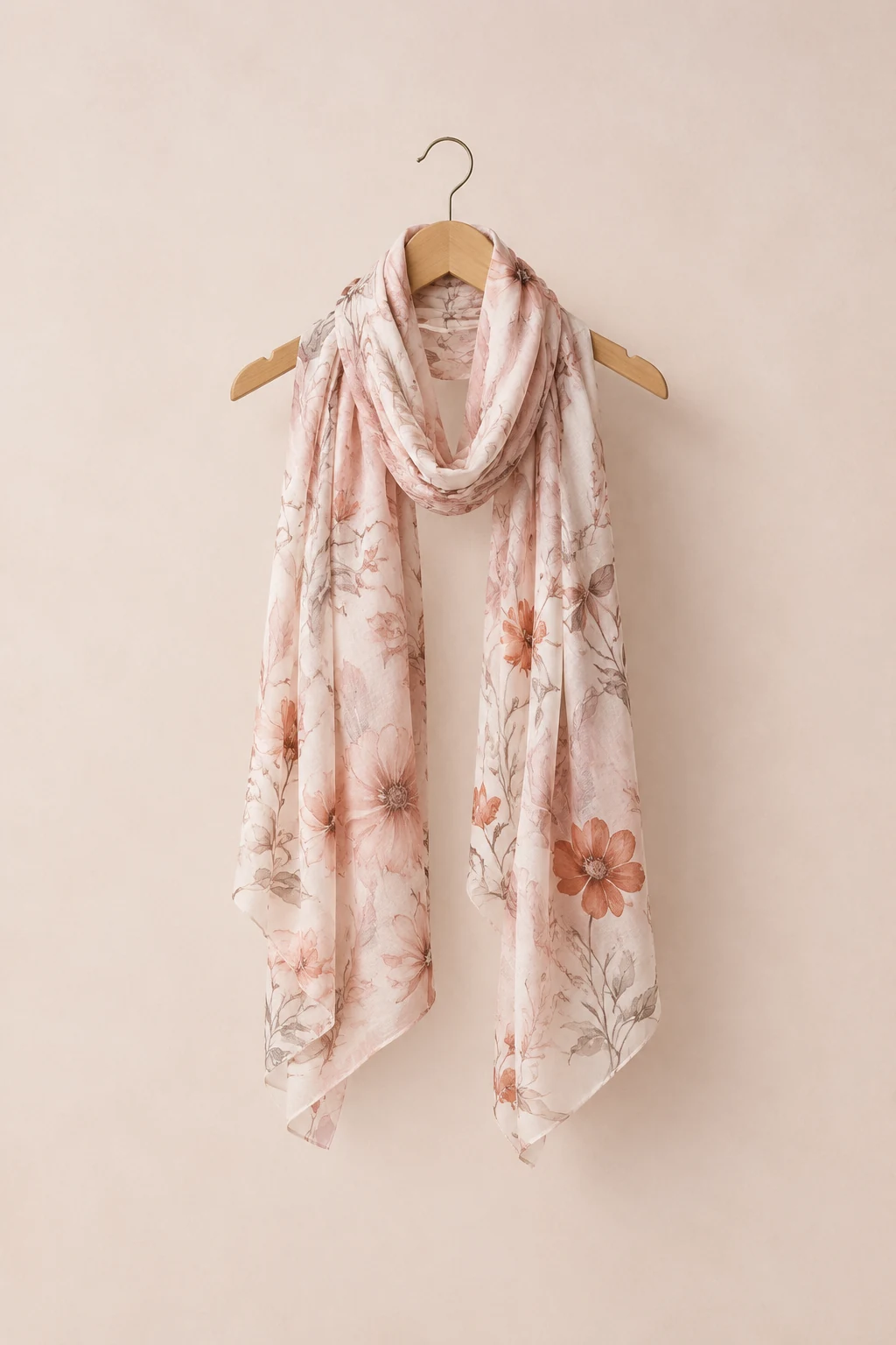 Lightweight scarf with a blush and terracotta floral print draped over a hanger