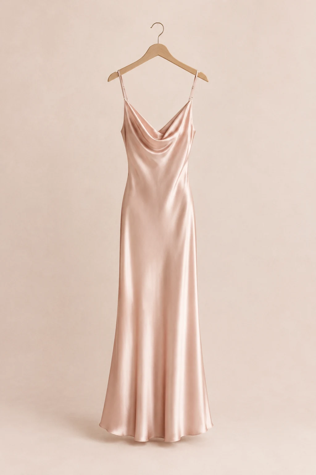 Champagne blush satin slip dress with a cowl neck on a slim hanger