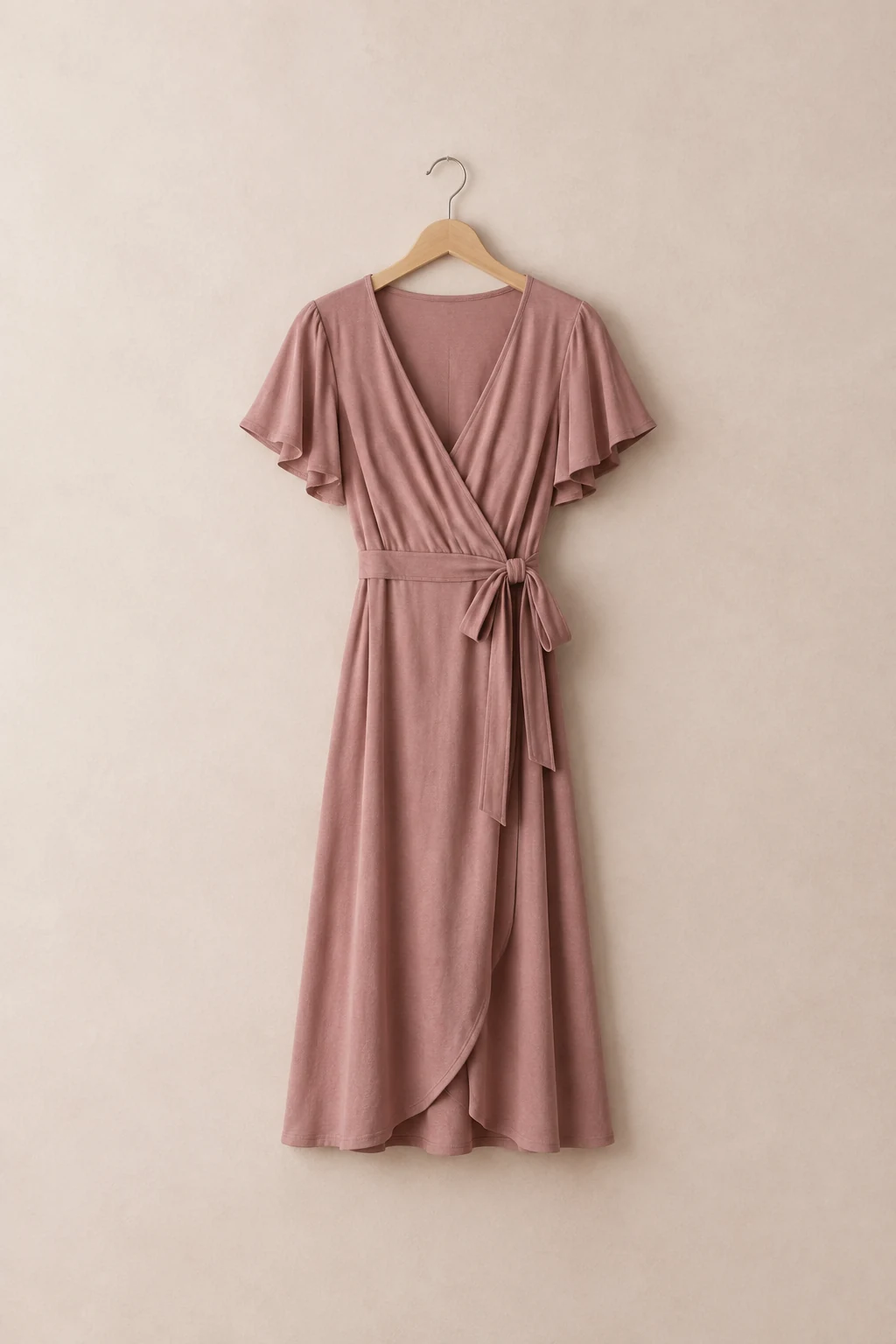 Dusty rose jersey midi wrap dress with flutter sleeves on a wooden hanger