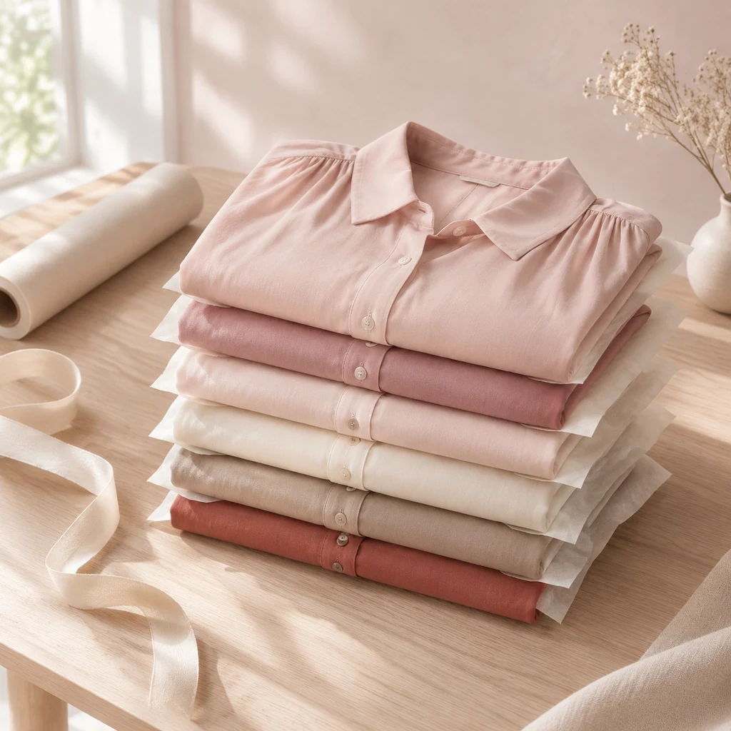 Six folded blush blouses stacked as a size run with tissue paper between them